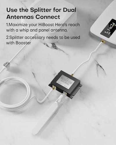 HiBoost Hero 3500-4000 Sq.Ft Cell Phone Signal Booster for Home with 2-Way Splitter Kit | Expand to Multiple Rooms | Supports All US Carriers 5G 4G LTE | Includes Panel & Whip Antennas