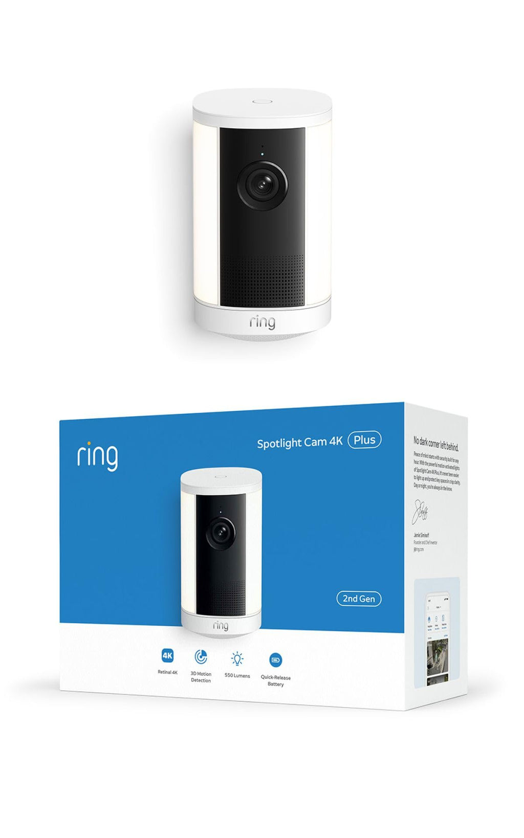Ring Spotlight Cam 4K Plus, Battery, Retinal 4K, Easy DIY install, Motion-Activated Spotlights, Home or business security, White
