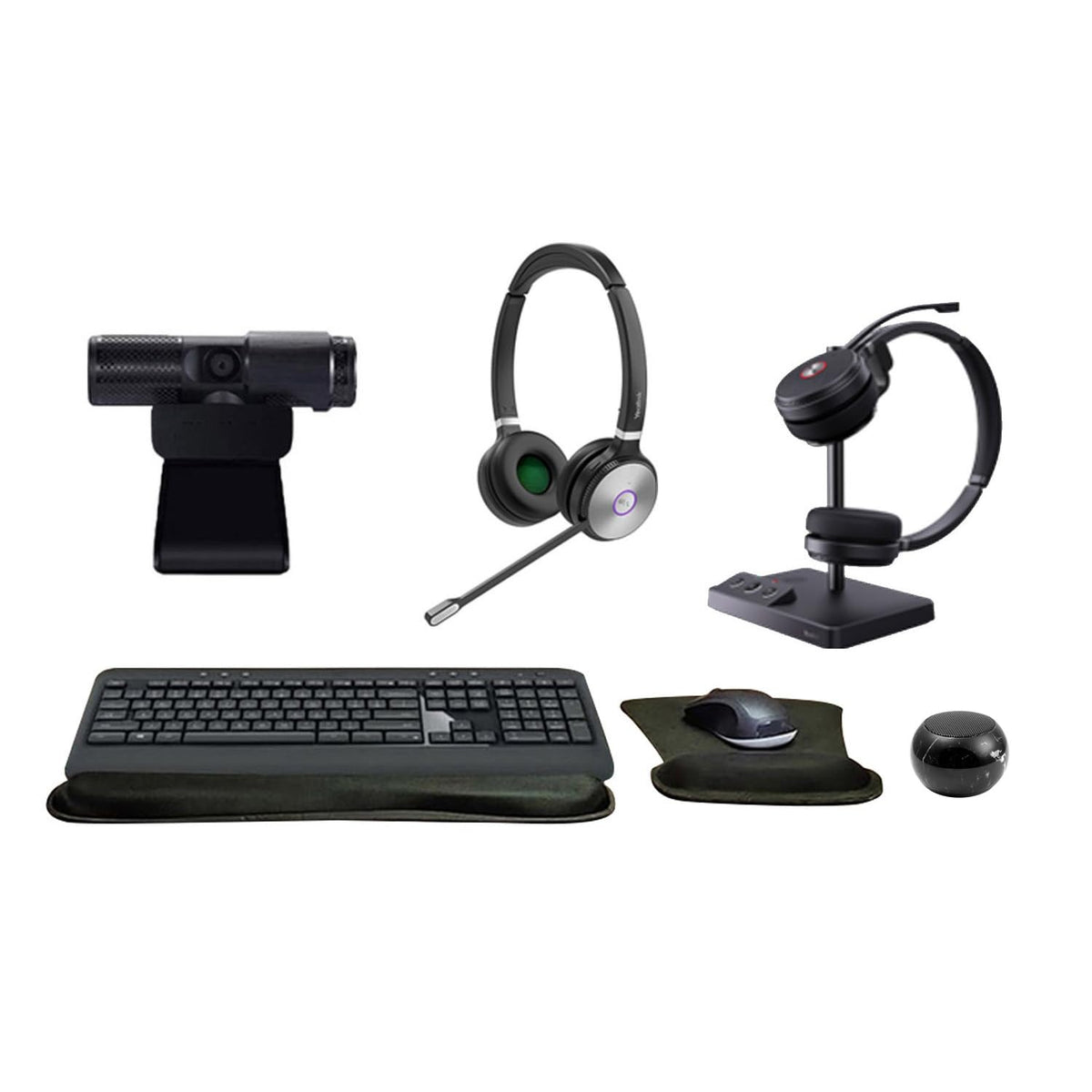 Yealink WH62 Dual Wireless Bluetooth Over Ear Headset for Office, Bundle with Cam 313 2MP Webcam, MK540 Wireless Keyboard and Mouse, Gel Wrist & Mouse Pad, Mini Speaker, Pack of 2