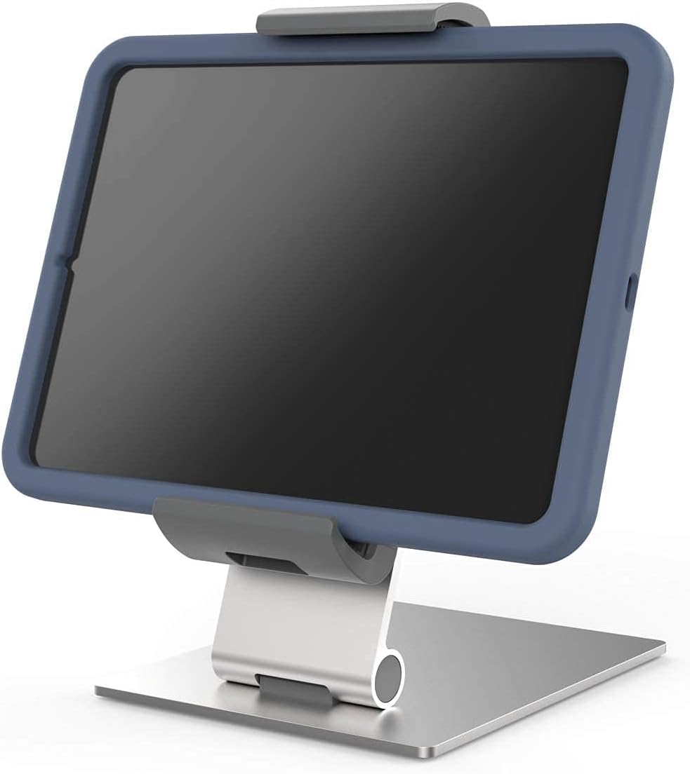 Durable Tablet Holder Table, Extra Large (7-13 Inches with case, 360 Degrees Rotation), Flexible Tilt Adjustment, Cable Management, Silver (893723)