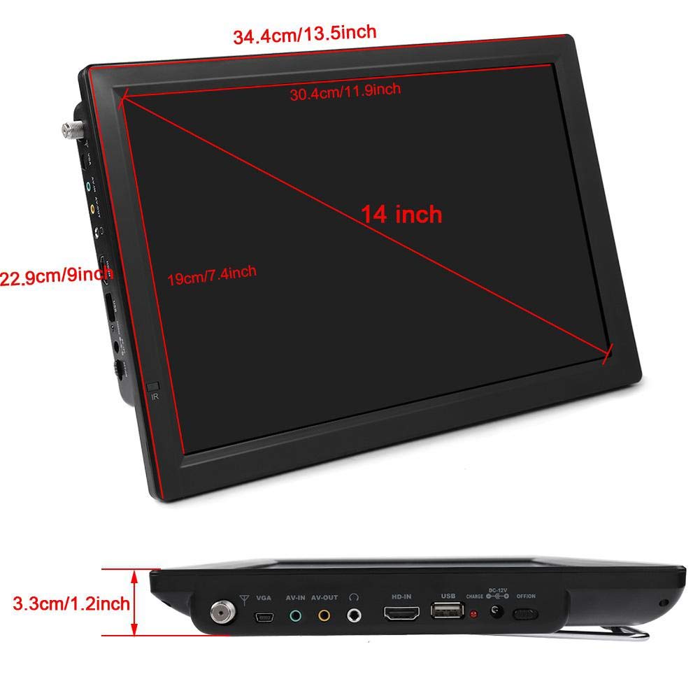 Small Digital TV, 14 Inch Digital Television Rechargeable ATSC TFT Portable TV HD Video Player 110-220V US for Home Car