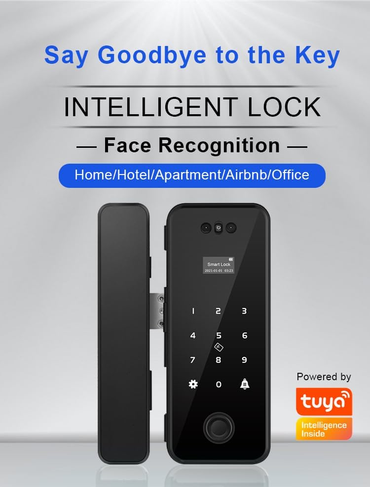 WiFi 3D Face Recognition Smart Glass Lock Biometric Fingerprint Door Lock Digital Keypad Security Keyless Electronic Lock for Frameless Double Door