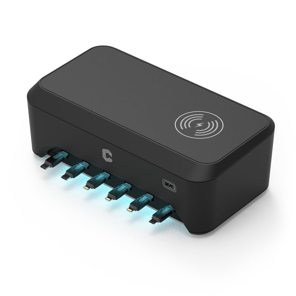 CS9 Pro Desktop Charging Station, 6 Retractable Cables, Wireless Charging Pad, LED Indicator