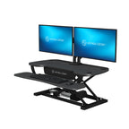 PowerPro 40 Inch Electric Standing Desk Converter – Push-Button Height Adjustable Sit to Stand Desk Riser for Triple Monitors & Laptop – Motorized Desktop Workstation with Wide Keyboard Tray
