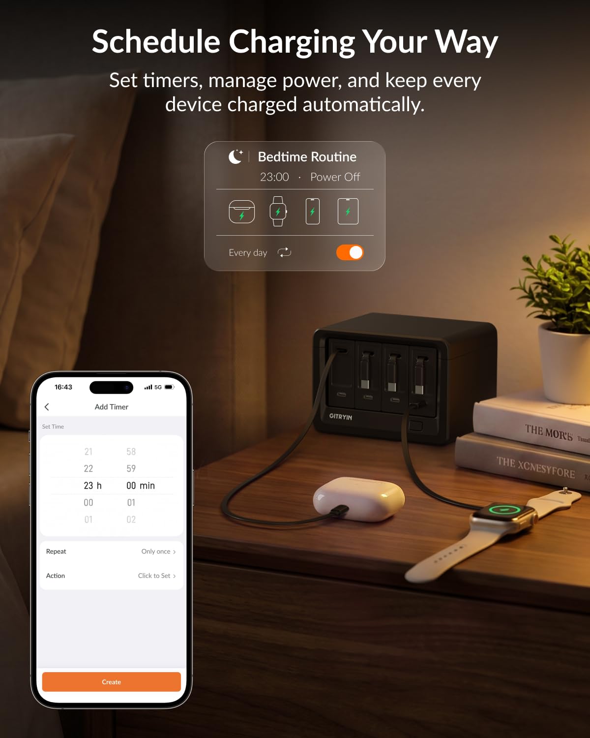 4 Type-C Retractable Wall Chargers and 1 Power Strip with App Remote Control, 12-in-1 Smart WiFi Modular Charging Station
