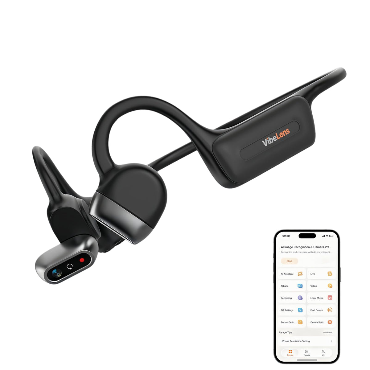 Open-Ear Bone Conduction Sport Headphones with Camera, IP68, Black
