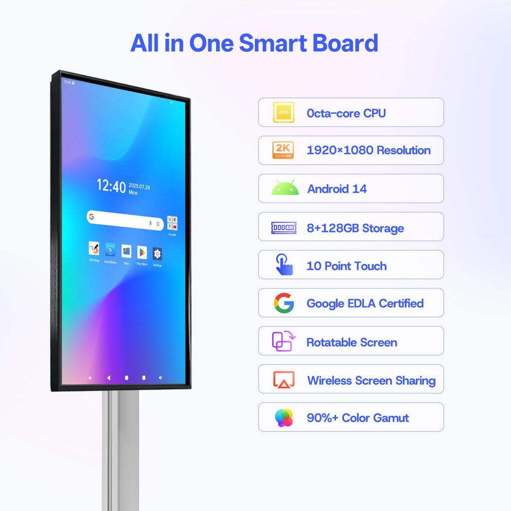 JAV Smart Board 43 Inch, Interactive Whiteboard with Rotating Touchscreen, EDLA Certified, Android 14, Wireless Mirroring for Classroom Teaching, Live Streaming, Office (Wall Mount Included)