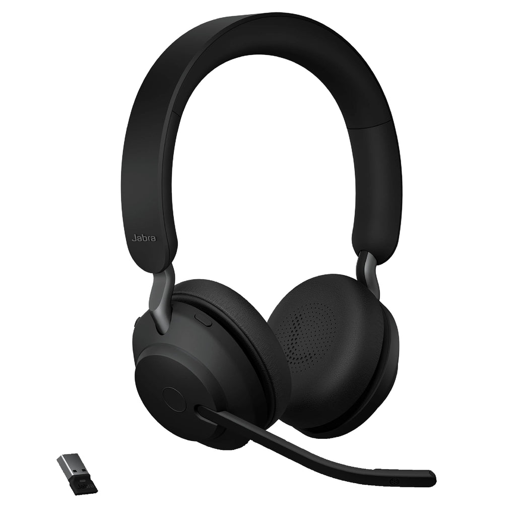Jabra Evolve2 65 MS Wireless Headphones with Link380c, Stereo, Black – Wireless Bluetooth Headset for Calls and Music, 37 Hours of Battery Life, Passive Noise Cancelling Headphones