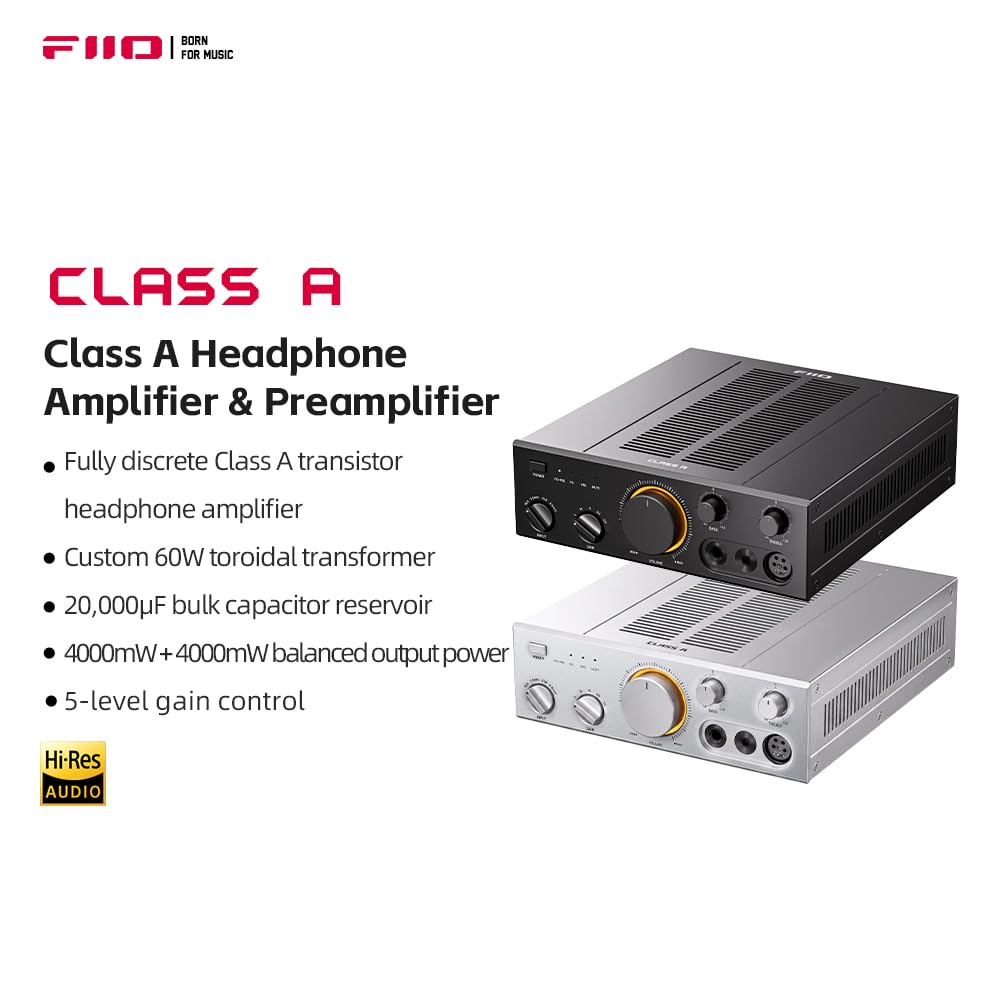 FIIO Class A Desktop Class A Headphone Amplifier, 4000mW+4000mW Balanced Output, Fully Balanced Circuit, 5-Level Gain, Bass & Treble Control