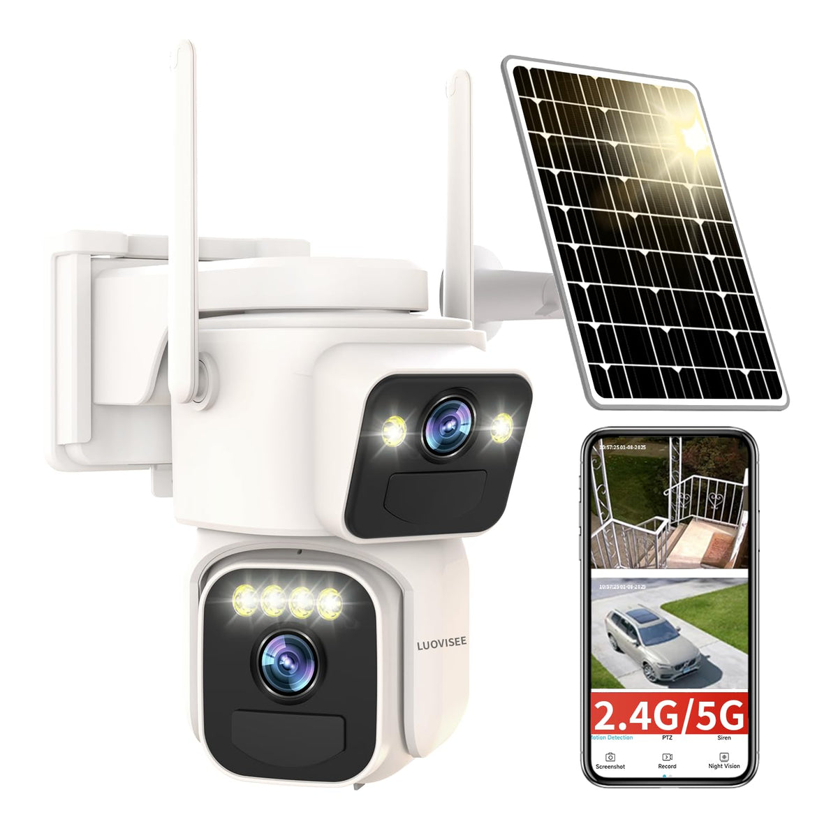 Luovisee Dual Lens Outside Cameras for Home Security Cameras 4 Pack,2.4G & 5G WiFi,Solar Battery Powered Camera with AI Motion Siren,SD/Free Cloud Storage,No Monthly Fee,Color Night Vision,Waterproof