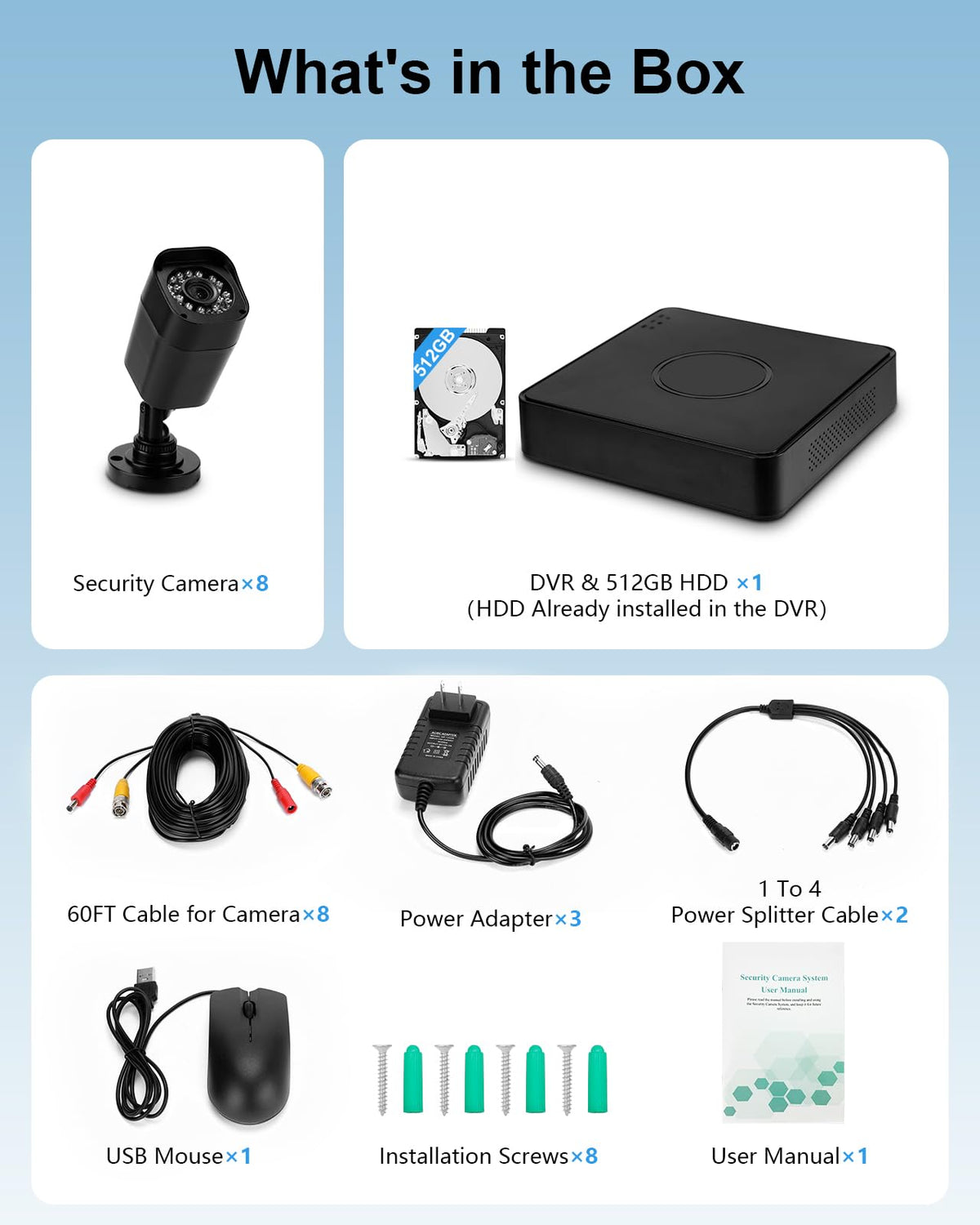 Wired Security Camera System, CCTV DVR with 512GB HDD, 8X 1080P Cam