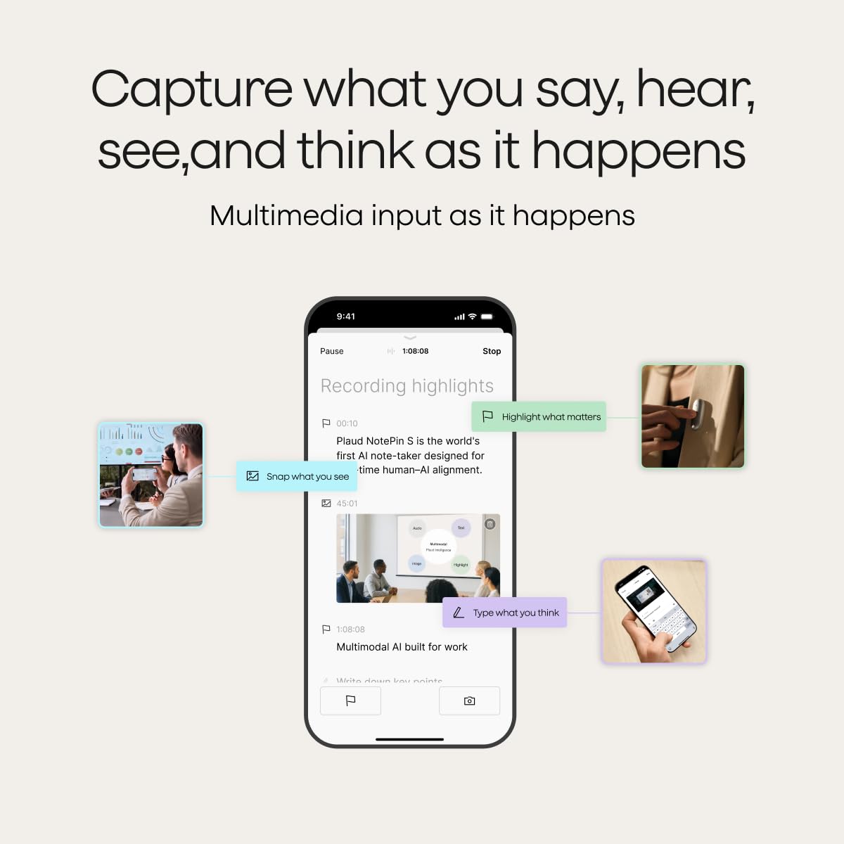 Plaud NotePin S AI Voice Recorder, Capture, Understood, Done, Black