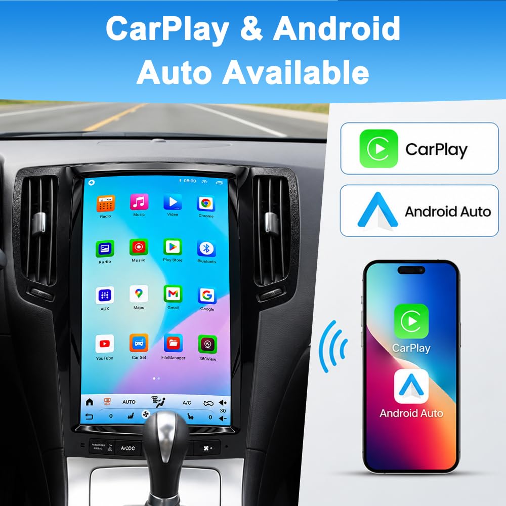 13.8-inch Car Stereo Android 15 8Core 4+64G Player with CarPlay Android Auto 5G WiFi BT DSP FM/RDS Radio SWC for Infiniti G35 G37 G25 2003-2015 GPS Navigation with Backup Camera