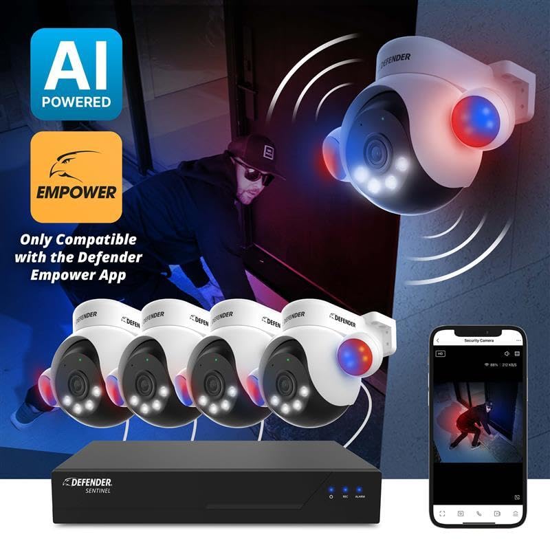 Defender AI Powered Sentinel 4K Wired Security Camera System, 360° PTZ Security Camera System with AI Tracking, Smart Human Detection, Blue-Red Light Deterrence, and Color Night Vision | 4 Cameras 1TB