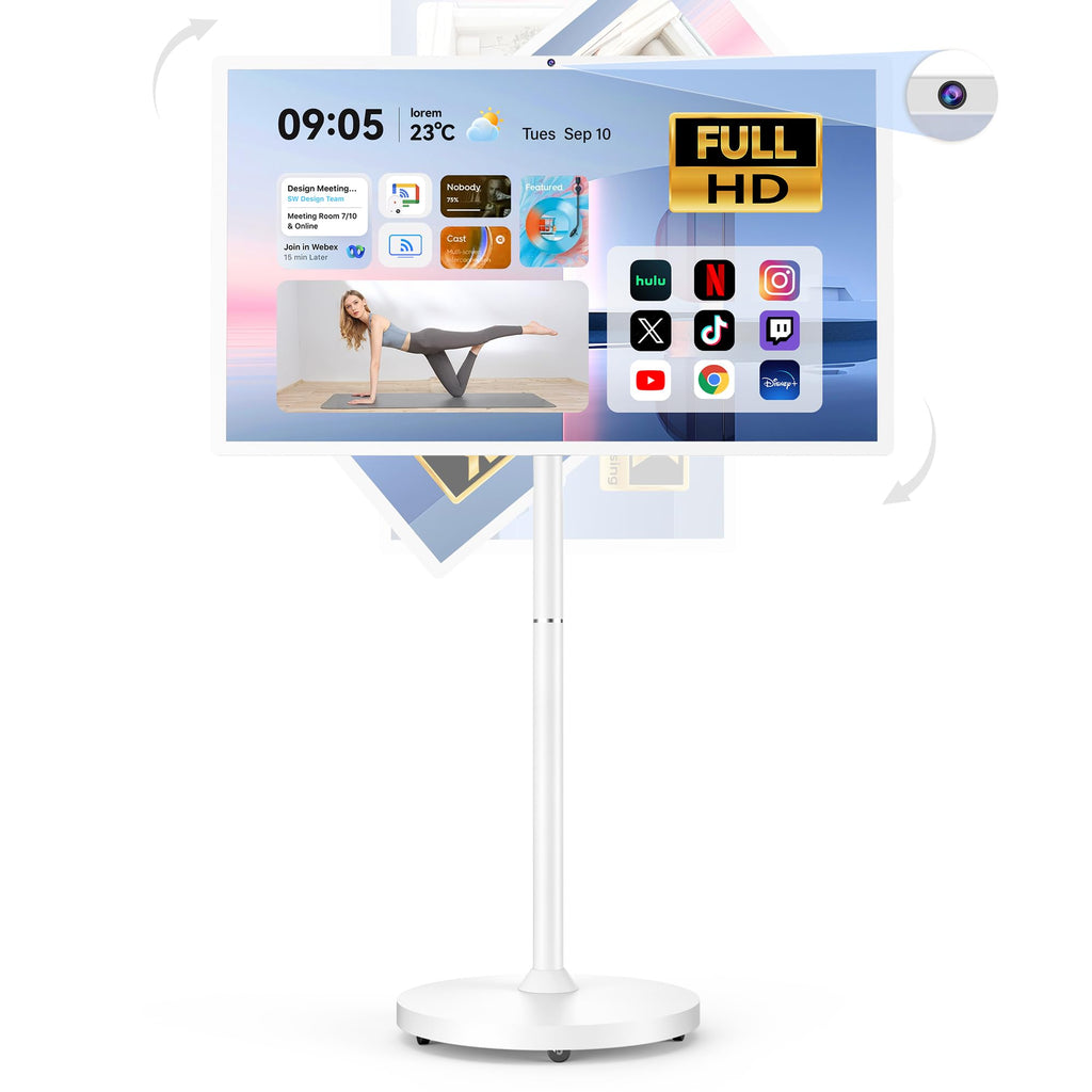 Bisprico 27" Portable Smart TV on Wheels, Qualcomm CPU, EDLA-Certified, Built-in 18000mAh Battery, 8+128GB, Android OS Touchscreen Rolling Tablet TV, Full Swivel Rotation, Remote Control, 13MP Webcam