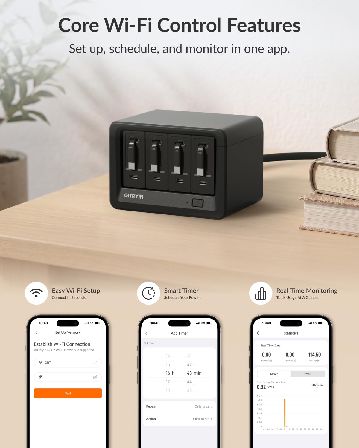 4 Type-C Retractable Wall Chargers and 1 Power Strip with App Remote Control, 12-in-1 Smart WiFi Modular Charging Station
