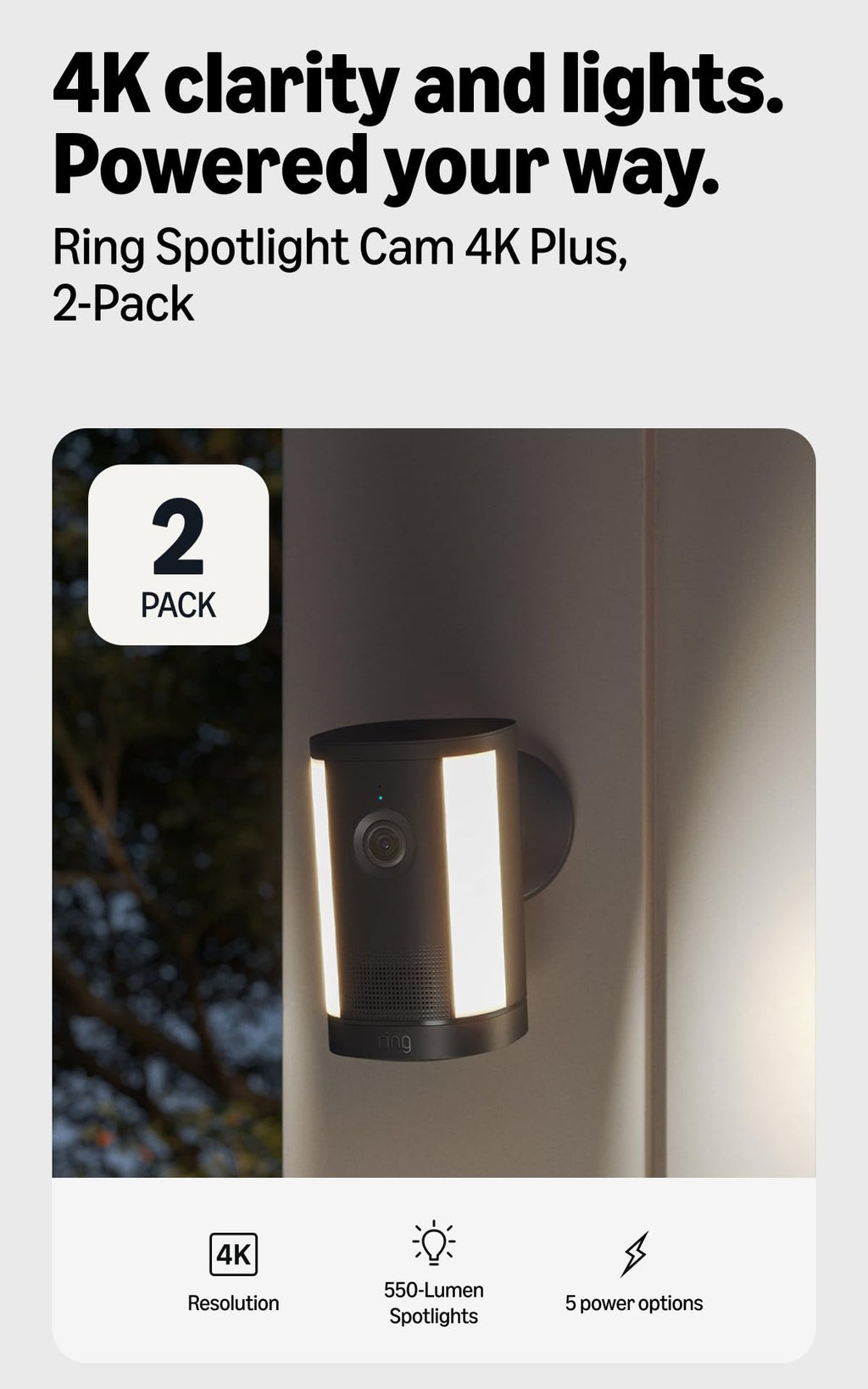 Ring Spotlight Cam 4K Plus, Battery, Retinal 4K, Easy DIY install, Motion-Activated Spotlights, Home or business security, White