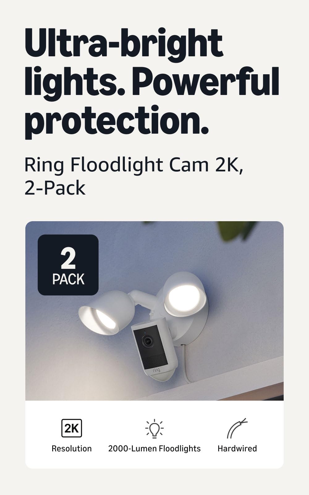Ring Floodlight Cam 2K (newest model), Wired, Home or business security, Wide-Angle Retinal 2K Video, 6x Enhanced Zoom, Ultra-Bright Floodlights, White