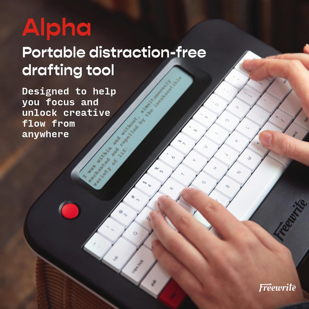 Freewrite Alpha | Distraction-Free Word Processor | Portable Digital Typewriter with Backlit LCD Display, Long Battery Life & Wi-Fi Backup for Writers | E-Typewriter w/Full-Size Mechanical Keyboard