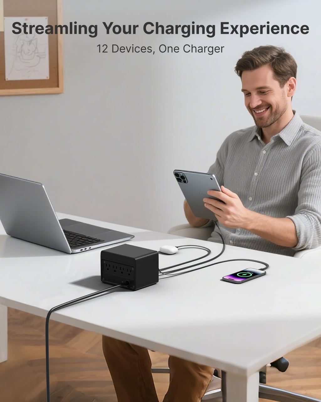4 Type-C Retractable Wall Chargers and 1 Power Strip with App Remote Control, 12-in-1 Smart WiFi Modular Charging Station
