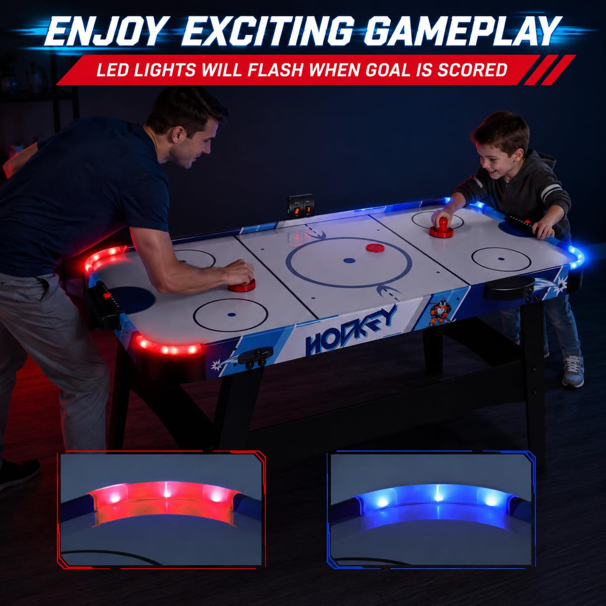 58" LED Light-Up Air Hockey Table - Arcade Style Air Hockey Game Set w/Accurate Electronic Scoring, Powerful 12V Motor for Game Room, Home & Office, Includes 2 Pucks & 2 Pushers