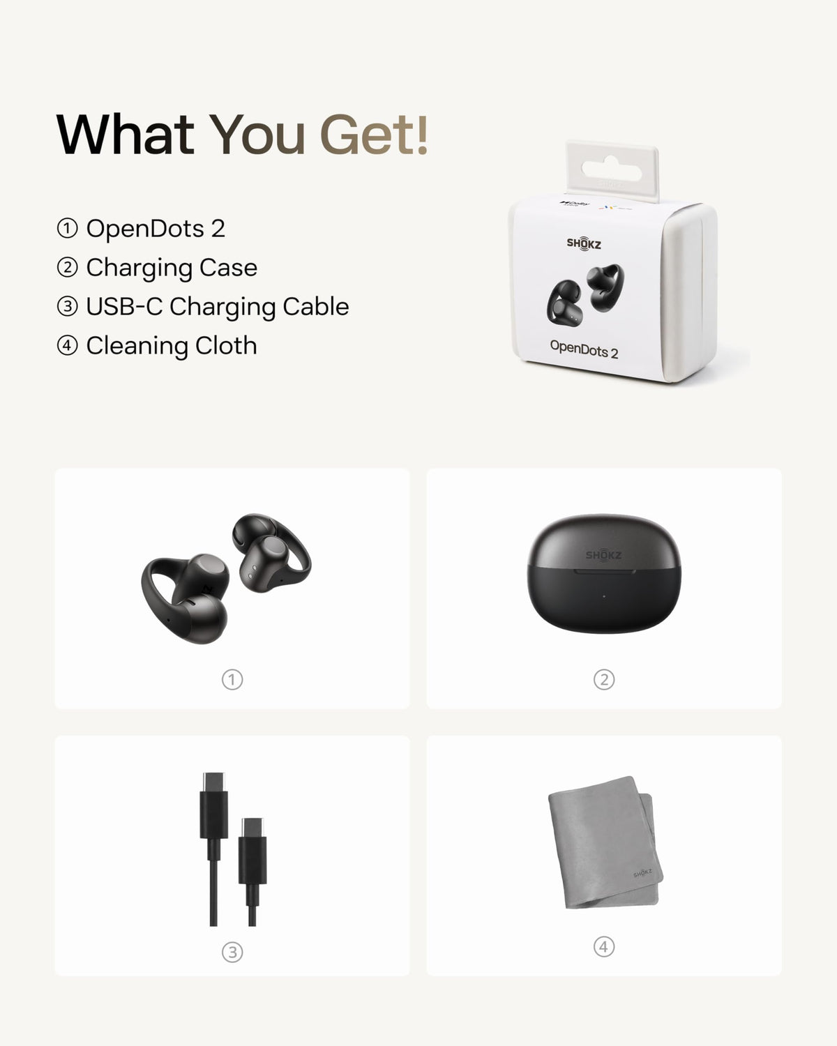 SHOKZ OpenDots 2 Open-Ear Clip-On Earbuds, Black, Dolby Audio, 3 Mics
