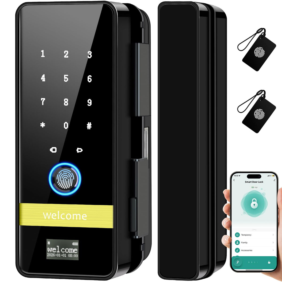 Smart Glass Door Lock, 2026 New Keyless Entry Door Lock, Biometric Fingerprint Glass Door Locks, Electronic Keypad Biometric Lock with App Control, Sliding Door Smart Lock for Office, Home, Store