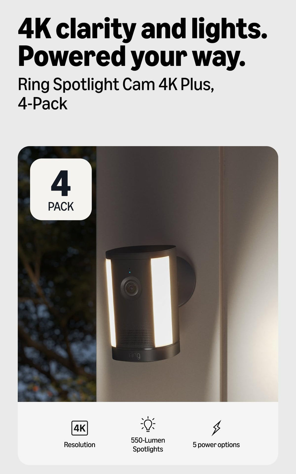Ring Spotlight Cam 4K Plus, Battery, Retinal 4K, Easy DIY install, Motion-Activated Spotlights, Home or business security, White