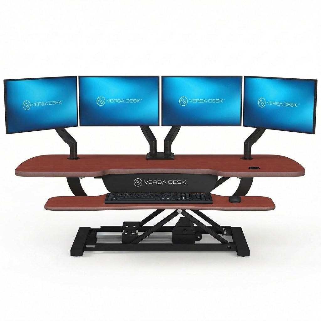 PowerPro 40 Inch Electric Standing Desk Converter – Push-Button Height Adjustable Sit to Stand Desk Riser for Triple Monitors & Laptop – Motorized Desktop Workstation with Wide Keyboard Tray