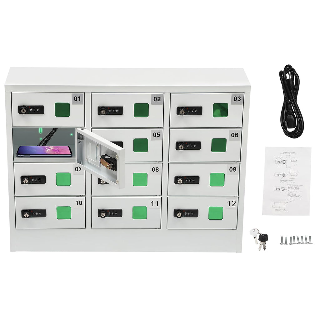 12 Slots Cellphone Locker, Cellphone Locker with Combination Lock Phones Storage Pocket Cellphone Charging Station with 3 in 1 Charging Ports for Schools, Gyms, Employee Cabinets