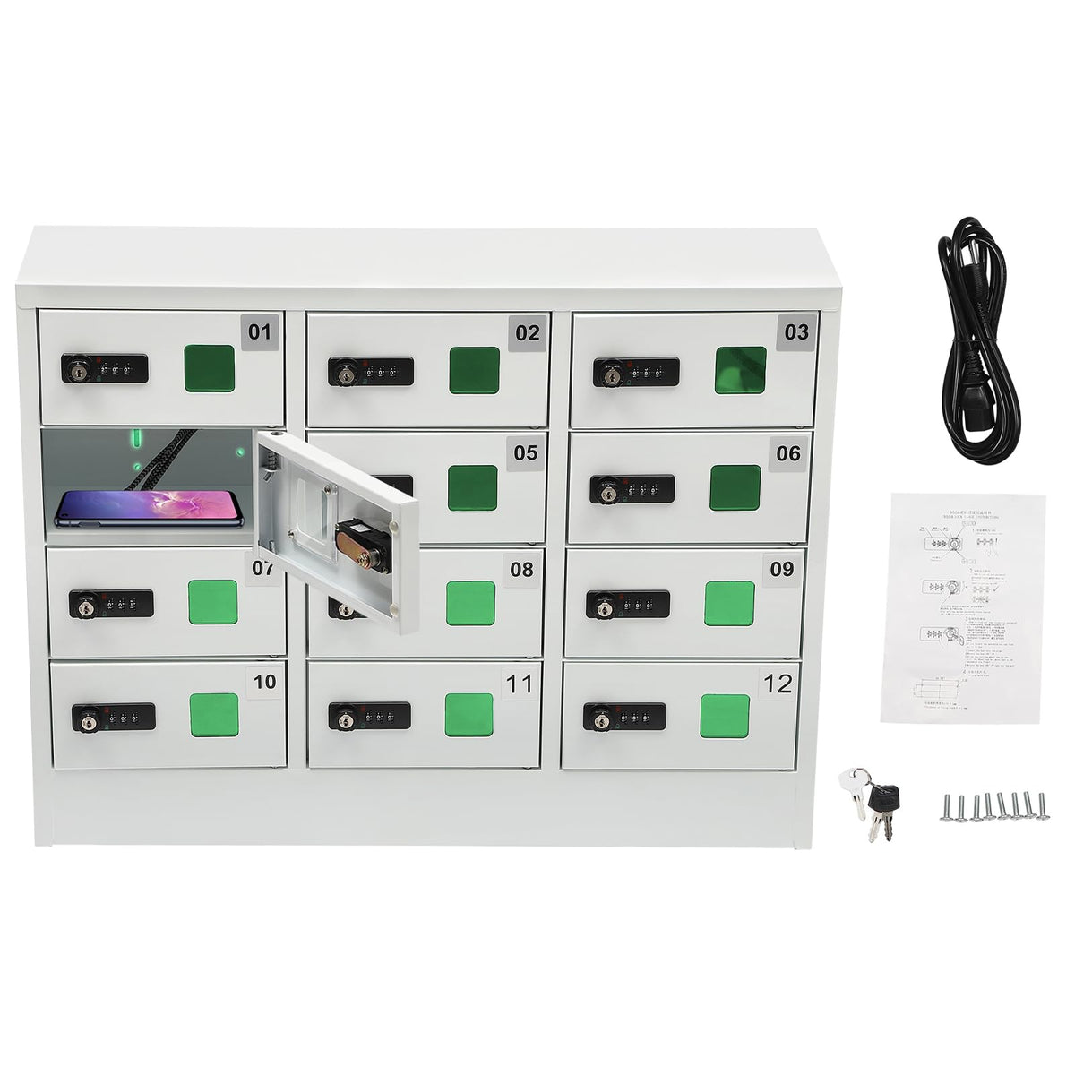12 Slots Cellphone Locker, Cellphone Locker with Combination Lock Phones Storage Pocket Cellphone Charging Station with 3 in 1 Charging Ports for Schools, Gyms, Employee Cabinets