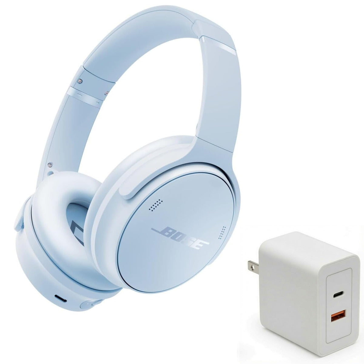 Bose QuietComfort Headphones Bundle with Fast Charger - Wireless Bluetooth Over-Ear Noise Cancelling Headphones with Mic, USB-C Charging, Deep Bass, Up to 24 Hours Playtime (Ice Blue)