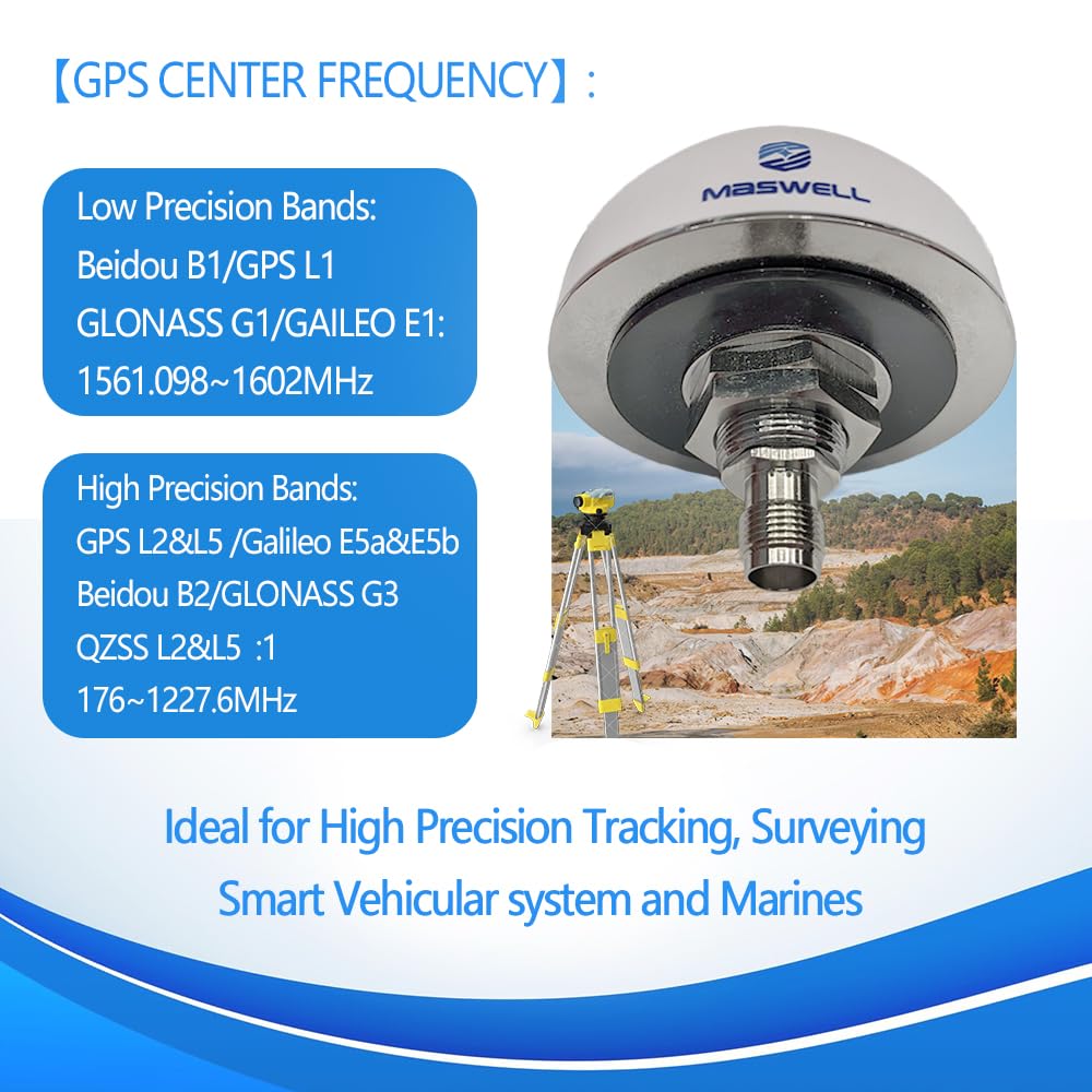 Maswell GNSS Navigation Surveying Antenna, High Precision CM Level GPS (L1/L2/L5), GLONASS (G1/G3), Galileo (E1/E5a/E5b), Beidou (B1/B2), and QZSS (L1/L2/L5) for Vehicle Marine Boat Drone