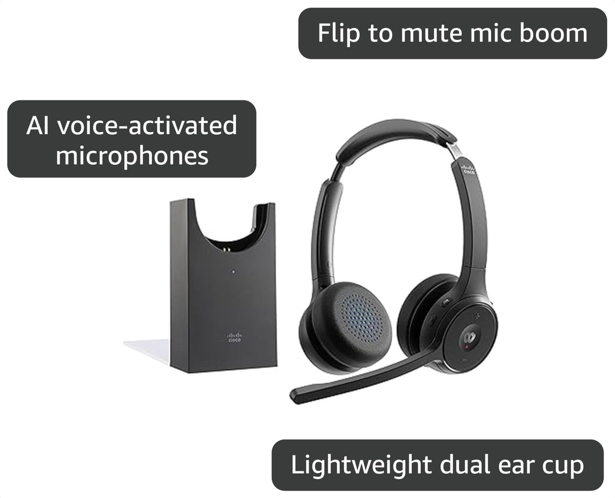 Cisco Headset 722, Wireless Dual On-Ear Bluetooth Headphones, Webex Button, USB-A HD Bluetooth Adapter, Soft Case, Charging Stand, Carbon Black, 2-Year Limited Liability Warranty (HS-WL-722-BUNAS-C)