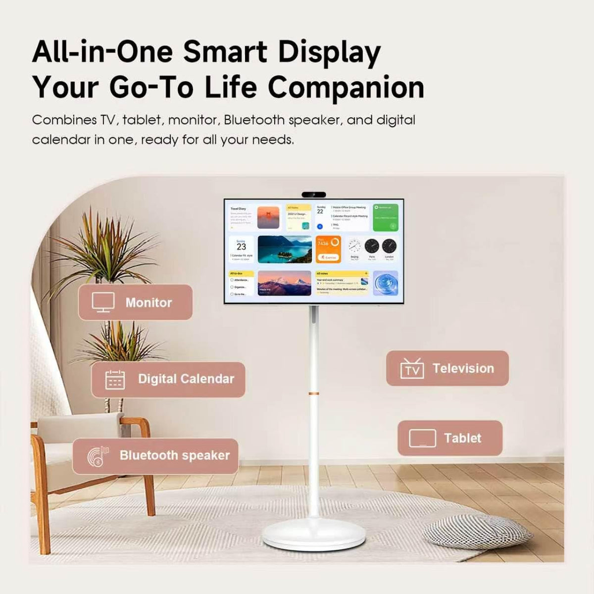 32 Inch Smart Portable TV on Wheels, Rolling TV, Detachable 13MP Camera