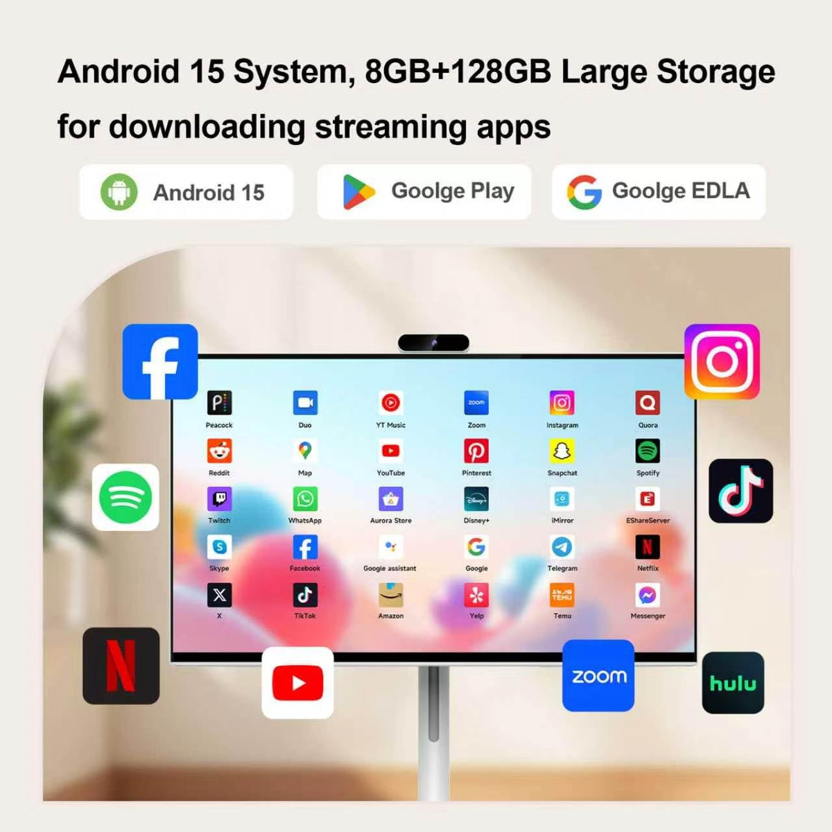 32 Inch Smart Portable TV on Wheels, Rolling TV, Detachable 13MP Camera