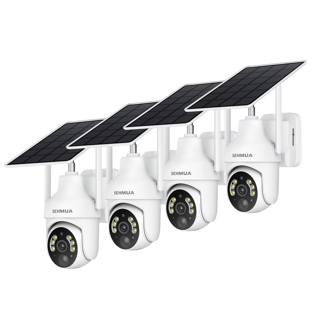 SEHMUA 2K Solar Security Cameras Wireless Outdoor, 4 Pack 360° View Pan/Tilt WiFi Security Camera Outside with Color Night Vision, Easy to Install, PIR Alarm, 2-Way Audio, White