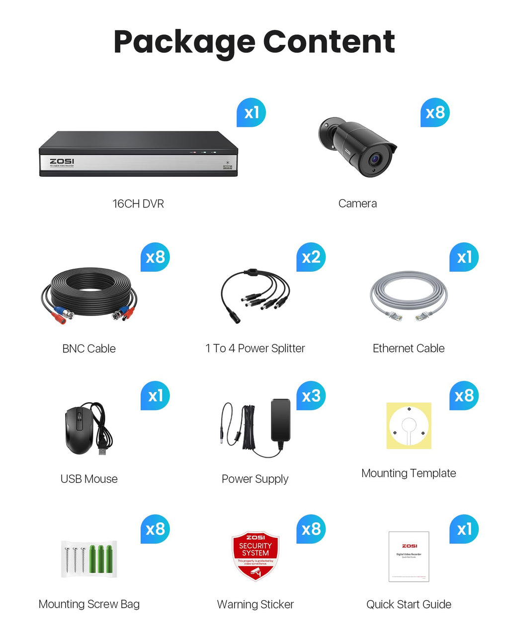 ZOSI 16CH 3K Lite Security Camera System with Audio, AI Human/Vehicle Detection, Night Vision, 8 x 1080P Metal Weatherproof Wired Cameras, 16 Channel Surveillance DVR with 2TB HDD for 24/7 Recording