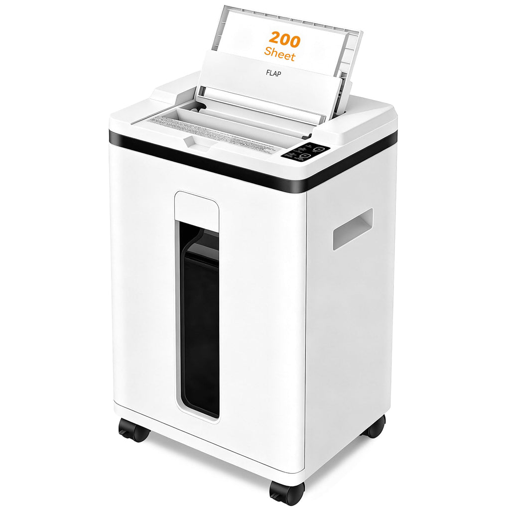 200-Sheet Auto Feed Paper Shredder with Wheels – Heavy Duty Cross-Cut Shredder for Home & Office, Quiet High Security Document Shredder, White