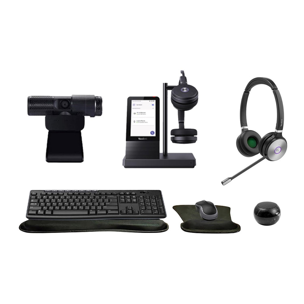 Yealink WH66 Dual Bluetooth Headset with Multitouch Console Bundle with Cam 313 2MP Webcam, MK270 Wireless Keyboard and Mouse, Gel Wrist & Mouse Pad, Mini Speaker