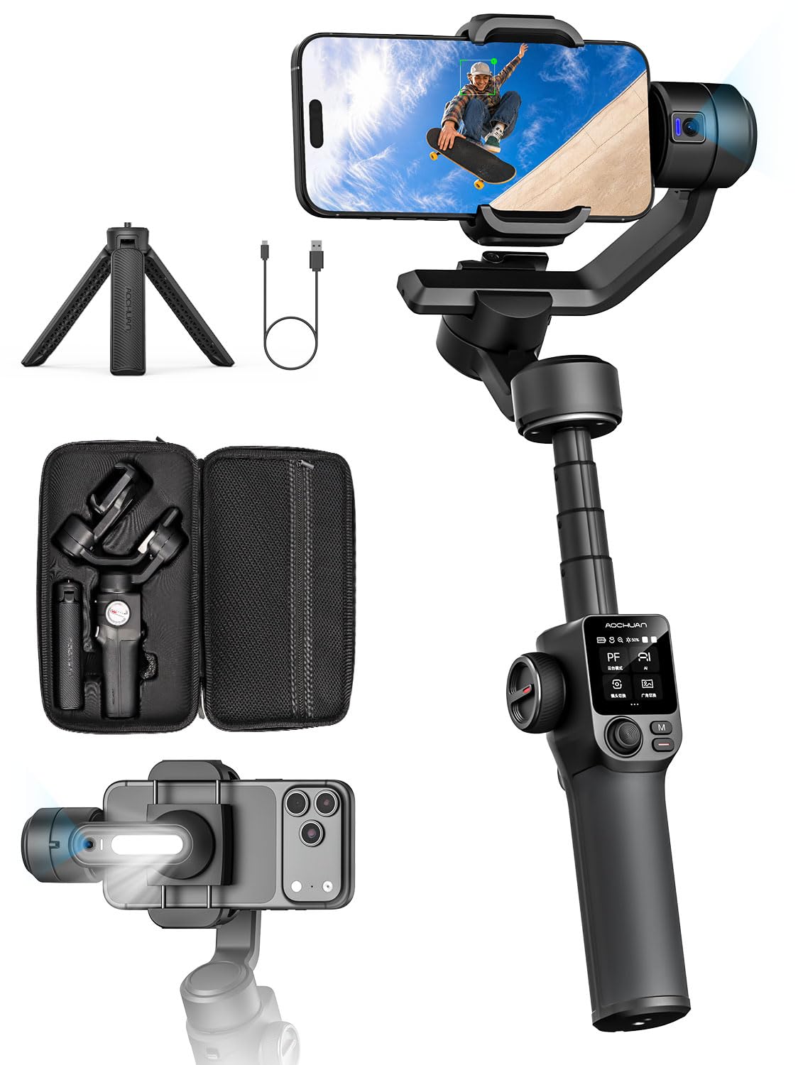 AOCHUAN Smart S3 Gimbal Stabilizer for iPhone & Android, Dual AI Tracking