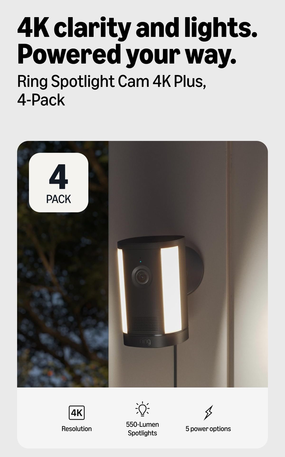 Ring Spotlight Cam 4K Plus, Battery, Retinal 4K, Easy DIY install, Motion-Activated Spotlights, Home or business security, White