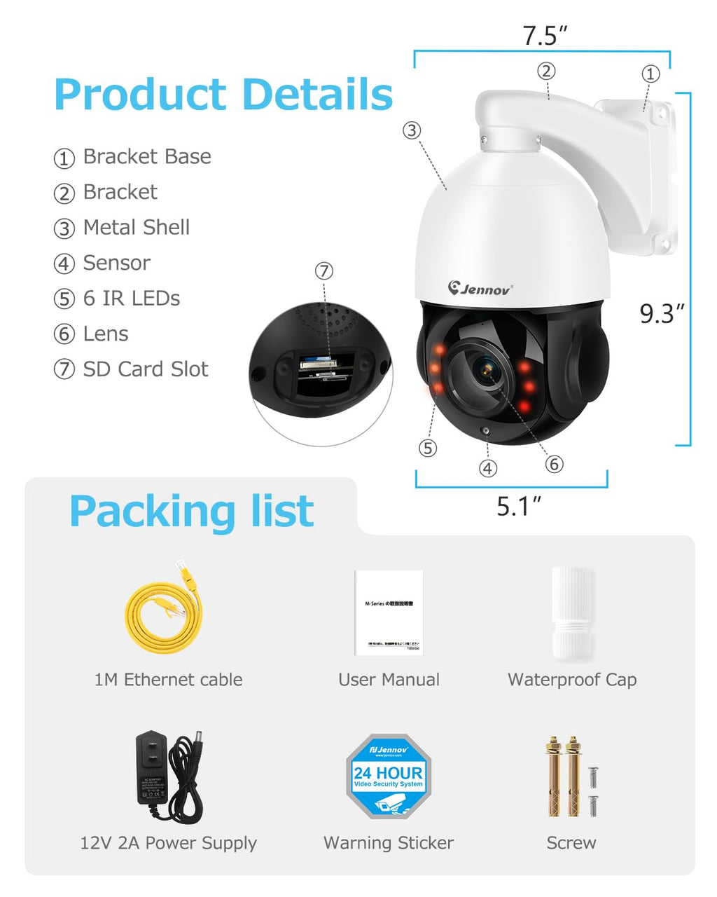 Jennov 4K 8MP Outdoor PTZ IP POE Camera with Pan Tilt 20X Optical Zoom
