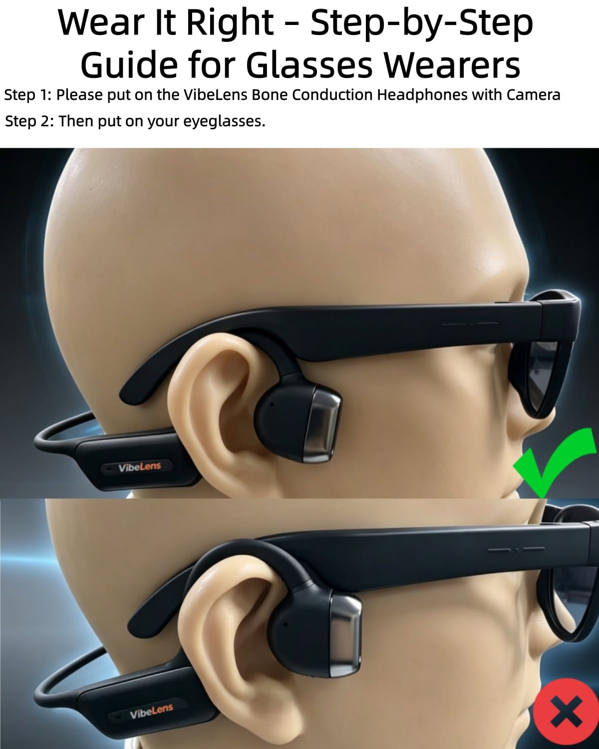 Open-Ear Bone Conduction Sport Headphones with Camera, IP68, Black