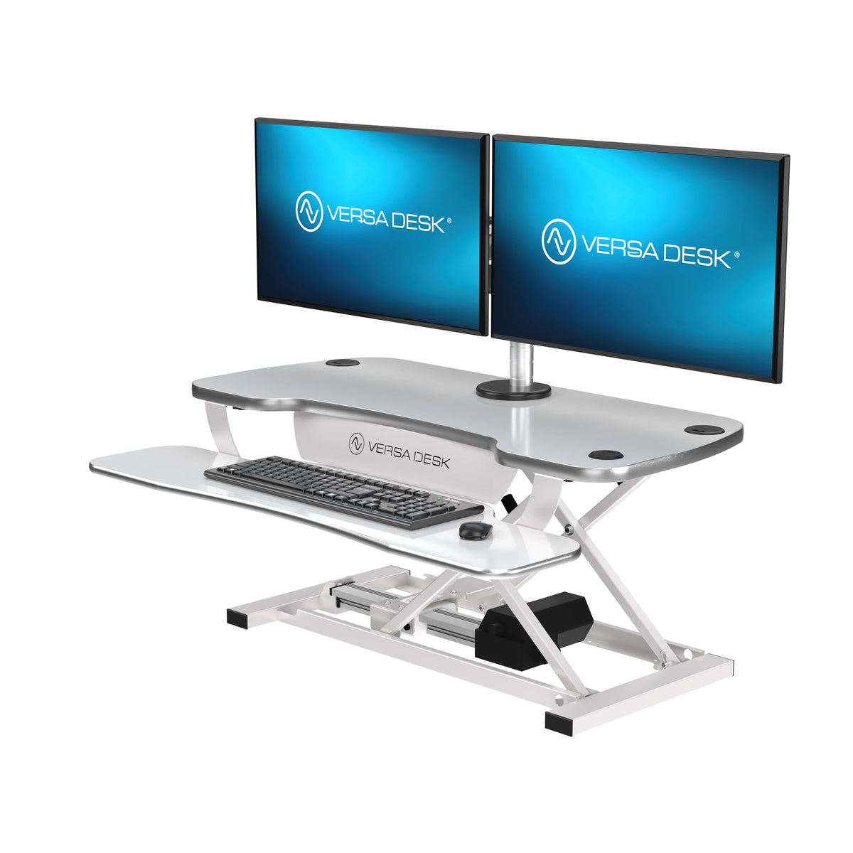 PowerPro 40 Inch Electric Standing Desk Converter – Push-Button Height Adjustable Sit to Stand Desk Riser for Triple Monitors & Laptop – Motorized Desktop Workstation with Wide Keyboard Tray