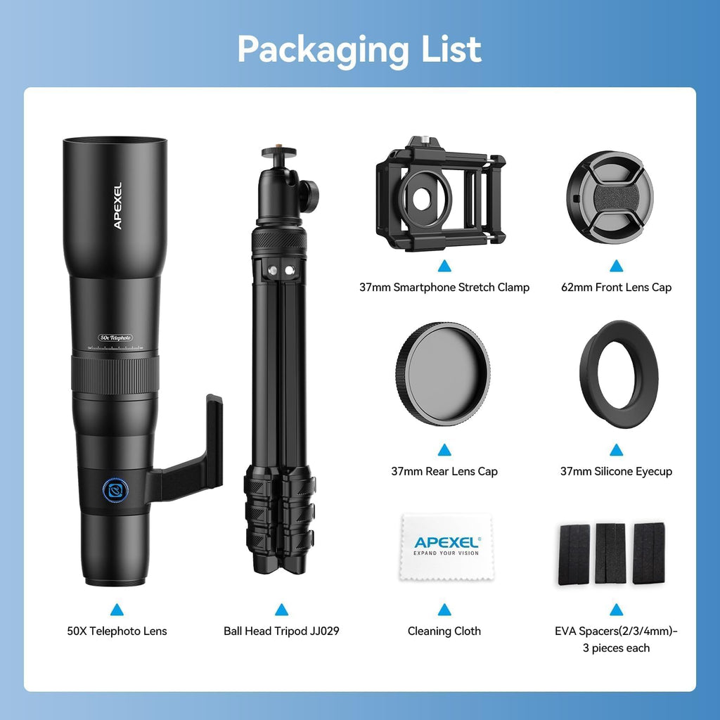APEXEL 50x High-Definition Telephoto Lens for iPhone & Android – for Wildlife, Moon, Landscapes & Target Viewing – Includes Universal Phone Clip & Tripod