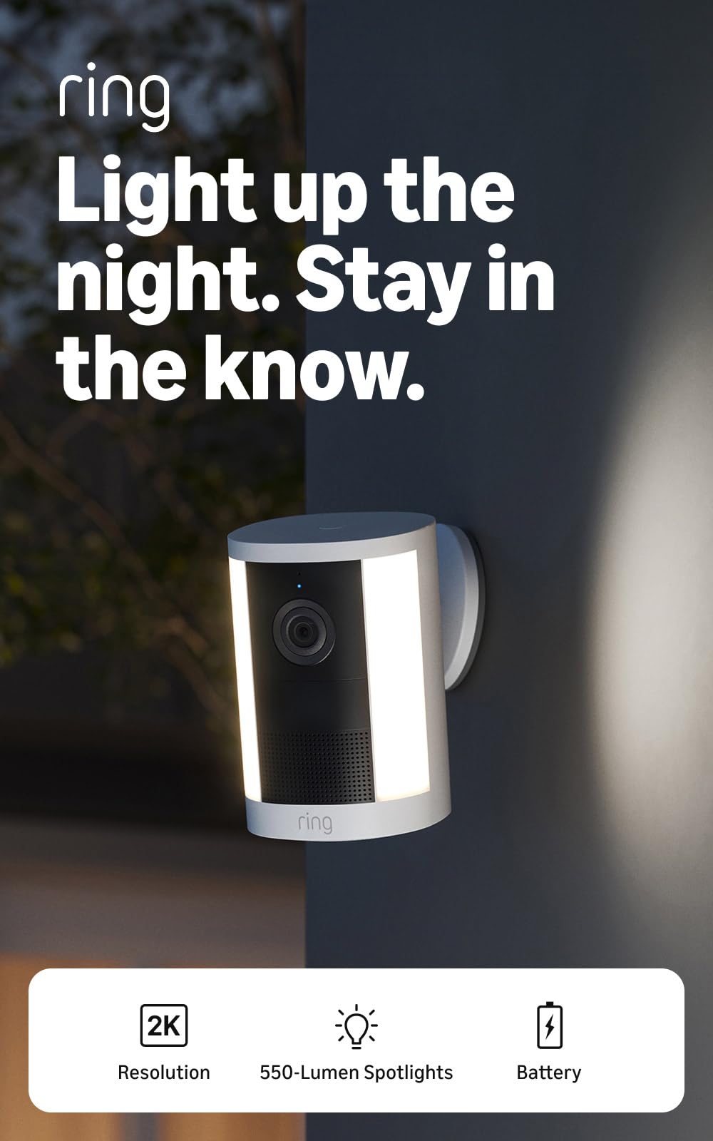 Ring Spotlight Cam 2K (newest model), Battery, Home or business security, Wide-Angle Retinal 2K Video, 6x Enhanced Zoom, Motion-Activated Spotlights, White