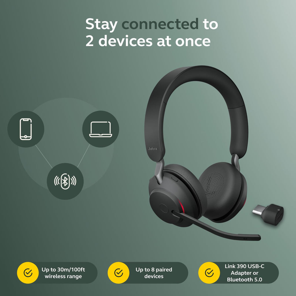 Jabra Evolve2 65 Bluetooth Wireless Headset with Mic for Calls and Music, Dual-Ear Headphones with USB-C Adapter, Up to 37 Hours Battery, Noise-Cancelling, Works with Online Meeting Apps, Black