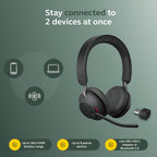 Jabra Evolve2 65 Bluetooth Wireless Headset with Mic for Calls and Music, Dual-Ear Headphones with USB-C Adapter, Up to 37 Hours Battery, Noise-Cancelling, Works with Online Meeting Apps, Black