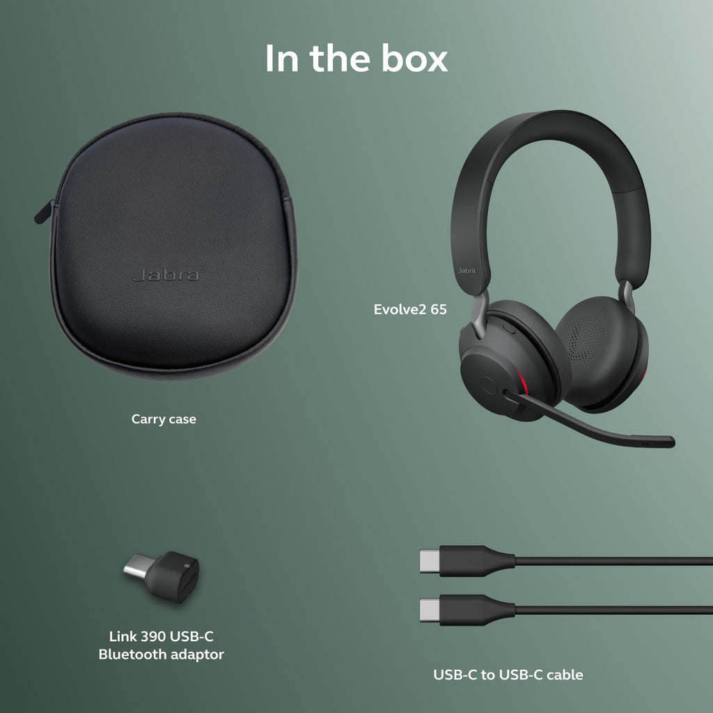 Jabra Evolve2 65 Bluetooth Wireless Headset with Mic for Calls and Music, Dual-Ear Headphones with USB-C Adapter, Up to 37 Hours Battery, Noise-Cancelling, Works with Online Meeting Apps, Black